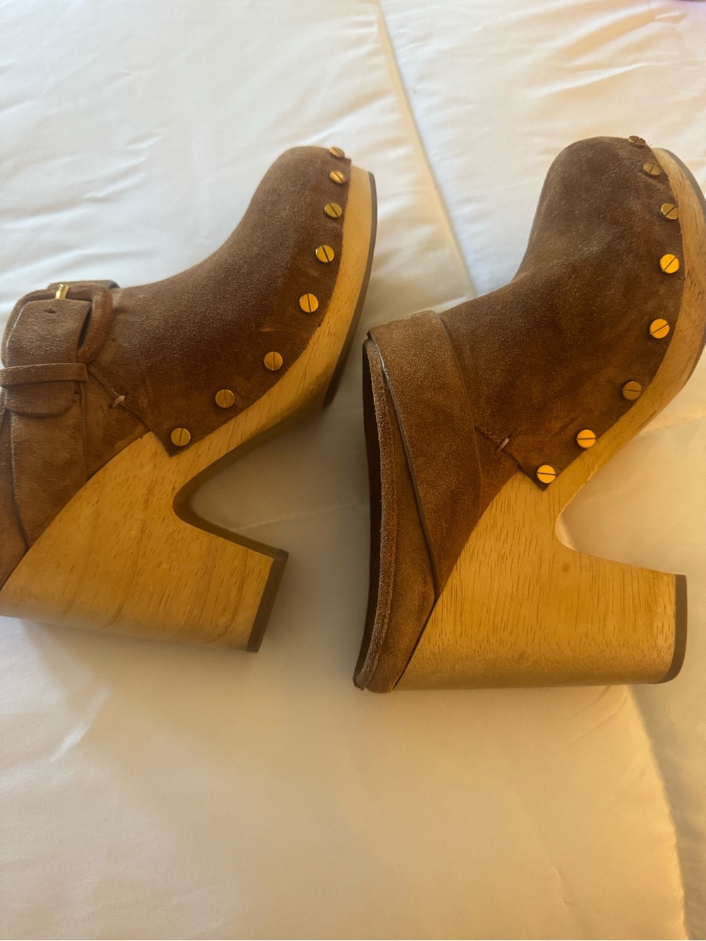 Veronica Beard Tan Suede Clog Heels with Gold Studs
